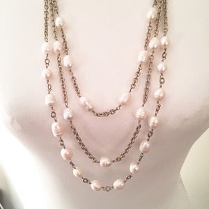 Triple strand goldtone & pearl necklace